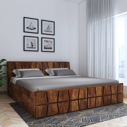 House Of Pataudi Sheesham Wood King Size Bed With Box Storage For Bedroom Teak Finish Solid In India Solid Wood King Box Bed In India, Wooden King Size Bed With Mattress