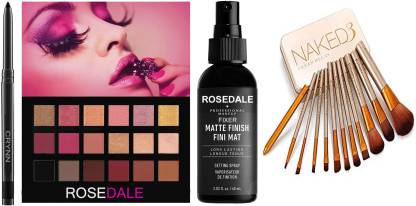 Crynn Smudge Proof Essential Makeup HD8 Beauty Kajal & Rosedale Rose Gold New York Eyeshadow Palette & The Matte Fixer Face Setting Spray & Professional Set of 12 Naked Makeup Brush