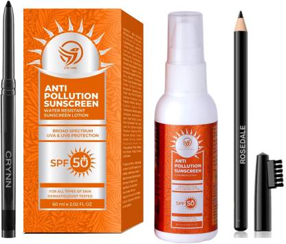 Crynn Smudge Proof Essential Makeup HD3 Beauty Kajal & Anti Pollution Broad Spectrum SPF 50+ Sunscreen & Rosedale Ultra Black Eyebrow Pencil With Eyebrow Brush