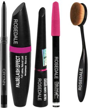 Crynn Smudge Proof Essential Makeup HD9 Beauty Kajal & Rosedale 3in1 Eyeliner , Mascara , Eyebrow Pencil & Professional Oval Shape Naked Makeup Brush