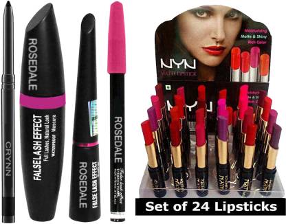 Crynn Smudge Proof Essential Makeup HD9 Beauty Kajal & 3in1 Eyeliner , Mascara , Eyebrow Pencil & NYN 24 Moisturising Matte Lipstick