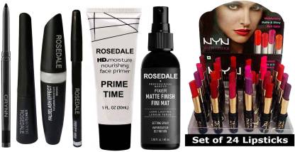 Crynn Smudge Proof Essential Makeup HD10 Beauty Kajal & Roedale 3in1 Eyeliner , Mascara , Eyebrow Pencil & The Matte Fixer Setting Face Spray & Illuminating Swiss Magnet Foundation Primer & NYN 24 Moisturising Matte Lipstick