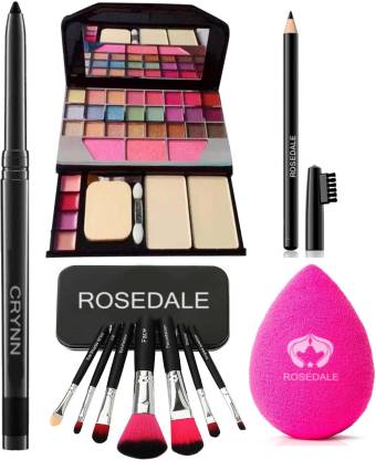 Crynn Smudge Proof Essential Makeup HD11 Beauty Kajal & Rosedale Set of 7 Makeup Brush & Powdered Blender Sponge Puff & TYA 6155 Makeup Kit & Ultra Black Eyebrow Pencil