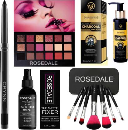 Crynn Smudge Proof Essential Makeup HD14 Beauty Kajal & Professional Set of 7 Makeup Brush & Rose Gold New York Edition Eyeshadow Palette & The Matte Fixer Face Spray & Activated Deep Charcoal Face Wash