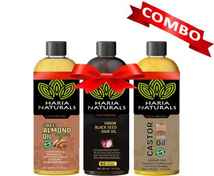 Haria Naturals 100% Cold Pressed Sweet Almond Oil & Onion Blackseed Oil & Castor Oil 100 ml Hair Oil (Combo Pack of 3 Bottles) 300 ml Hair Oil