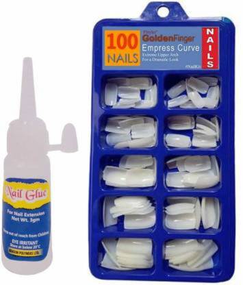 Mastadi Best Quality Artificial Empress Curve 100 Tips Fake Nails with Super Glue 3gm (Pack of 1) White (Pack of 100) white