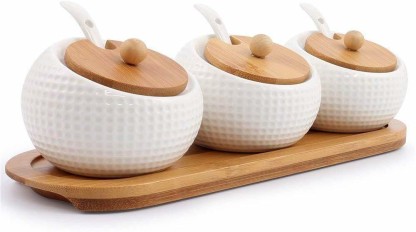 Ceramic Sugar Bowl Seasoning Jar Pot with Sugar Spoon and Bamboo Lid Salt Pepper Spice Box for Home Kitchen Bar A 