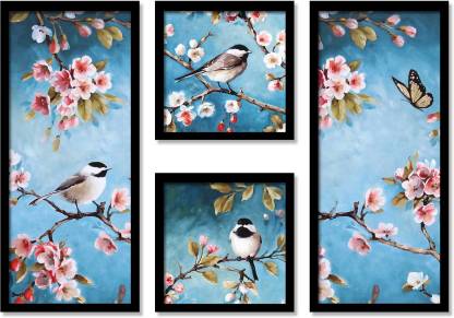 Painting Mantra Birds and Floral Theme Framed Painting, 4 Framed Art Prints  for Living Room in