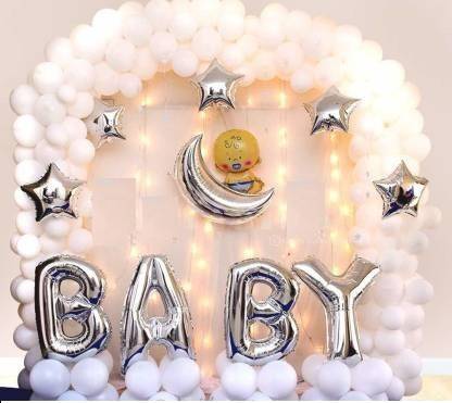 Anayatech Solid Premium White Baby Shower Decoration Items 114pc Diy Kit With Silver Baby Foil Letters