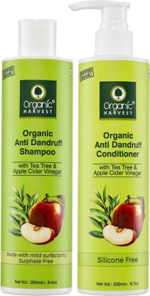 Organic Harvest Anti Dandruff Shampoo & Conditioner with Tea Tree and Apple Cider Vinegar for Women & Men | For All Type Hair | Free from Chemicals, Mineral Oils, Alcohol – (Shampoo 250ml + Conditioner 200ml)