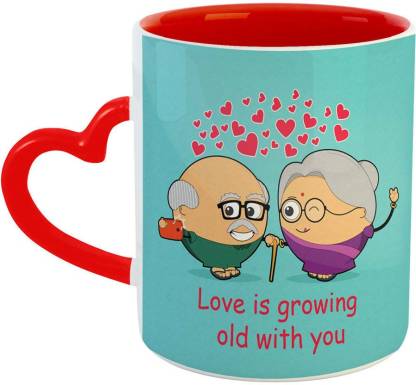 Ashvah Love is Growing Old with You Ceramic Coffee Cup Tea-Red Heart Handle  - 4348 Ceramic Coffee Mug Price in India - Buy Ashvah Love is Growing Old  with You Ceramic Coffee