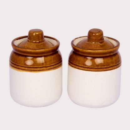 Lyallpur Stores Pickle Jar Set Of 2 Barni, Ceramic Handcrafted Storage Container, Mini Achar Barni For Dry Fruits, Spices, Pickle, Chutney, Mishree-Shauf Etc. (Dinning Table Decor)  - 250 ml Ceramic Pickle Jar