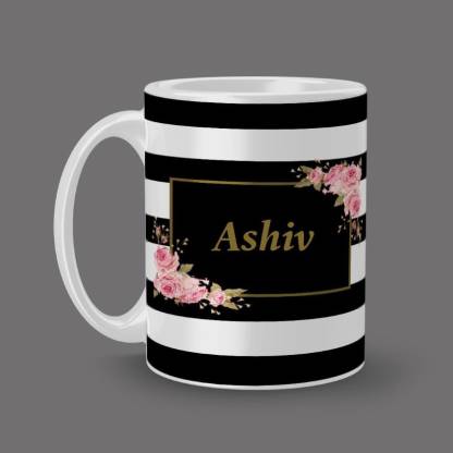 Beautum Name Ashiv Stripes Pattern Printed White Ceramic (350)ml Model No:Stripes02288 Ceramic Coffee Mug