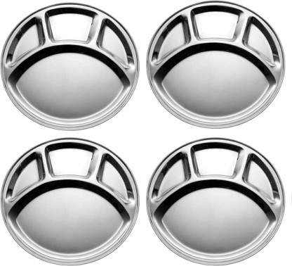 6  x Stainless Steel Four Compartment Round Plate Thali/ Dinner Plate Set 