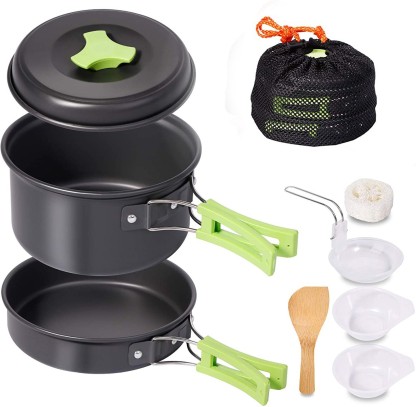 Camping Cookware Pot & Pan Plus Stove Set Mess Kit Backpacking Outdoor Cooking Bowl Made of Lightweight Aluminum Material Small & Compact Foldable Handles Pot Set 
