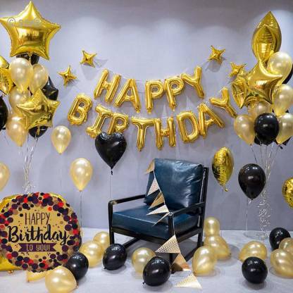 SOI Solid 57 Pcs Happy Birthday Foil Letters Balloons and HD Metallic Balloons with Foil Star Heart Round Decoration Kit Set Decorations Items Combo (Gold) Balloon