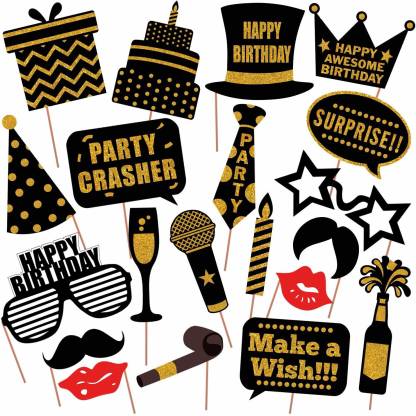 PartyDecoration 20 Pcs Birthday Party Photo Booth Props Funny Birthday  Black and Gold Decorations with Wooden