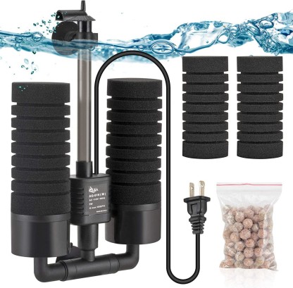 Submersible Hanging Activated Carbon Biochemical Cotton 3 in 1 Filter Media Adjustable Water Flow with Oxygen Pump AQQA Aquarium Hang On Filter Surface Skimmer for Turtle Betta Fish Tank 5-10 Gal