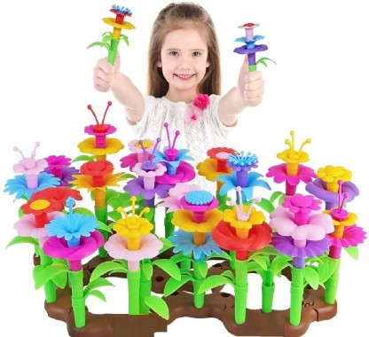 Stacking Game for Toddlers playset Brown Educational Activity for Preschool Children Age 3 4 5 6 7 Year Old Gardening Pretend Gift for Girls Kids Toy FunzBo Flower Garden Building STEM Toys 