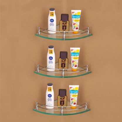 Smart Slide Transparent Glass Corner Shelf For Bathroom Pack Of 3 Wall Mounted Corner Shelf With Bracket Storage Shelf Kitchen Rack Bathroom Accessories 9 X 9 Inch Glass Steel Wall Shelf Price In India