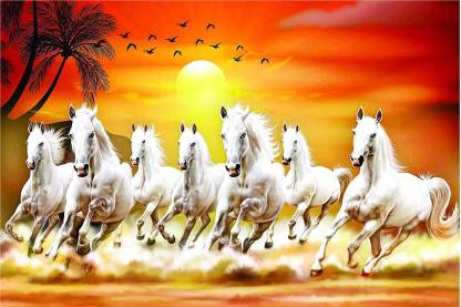 Vastu Poster'' White 7 Horse vastu Painting, beautiful Seven Horse Running  At Sunrise, Wall Sticker, Wall