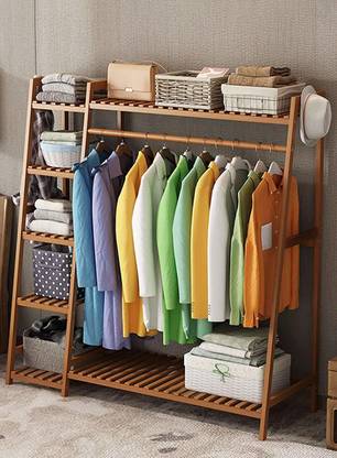 Naayaab Craft Bamboo Coat Clothing Garment Rack With Shelf 7 Tier Freestanding Clothes Storage Suitcase For Household Retail Wooden Wall In India Naayaab Craft Bamboo Coat Clothing, Suitcase With Garment Rack