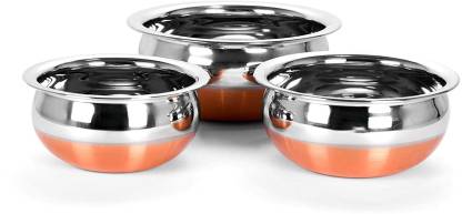 KS Maart Copper Bottom Handi Pot Set/Steel Handi 3 Piece Set/Cookware Chetty Combo Serving Handi Cookware Multi Purpose Handi 0.5 L, 0.8 L, 1.2 L