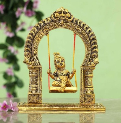 Ladoo Gopal Swing/ Metal Krishna Sitting jhula and Decorative Statue/Laddu Gopal Jhula Jhoola/Krishna Idol on Swing for Temple Pooja Puja Office Religious Showpiece/ Home Decor& Gift Item 