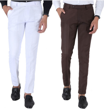 Slim Fit Men White, Brown Trousers 