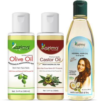 KAZIMA Combo of Olive Oil + Castor Oil and Jasmine Herbal Hair Oil (Each 100ML) For Anti Hair Fall Control & Hair Growth Hair Oil - Price in India, Buy KAZIMA Combo KAZIMA Combo of Olive Oil + Castor Oil and Jasmine Herbal Hair Oil (Each 100ML) For Anti Hair Fall Control & Hair Growth Hair Oil - Price in India, Buy KAZIMA Combo