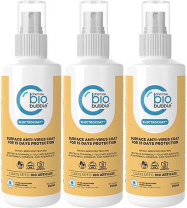 Chemtex Biobubble Electrocoat 15 Days Surface Antimicrobial Coating Pack 3 Sanitizer Spray Bottle Price In India Buy Chemtex Biobubble Electrocoat 15 Days Surface Antimicrobial Coating Pack 3 Sanitizer Spray Bottle Online Chemtex biobubble on application forms a defensive layer around the application surface which acts just like a series of invisible spike structures 10 nm in length (as depicted) which perforate the microbial cell membranes as soon as they come in contact with the surface. inr