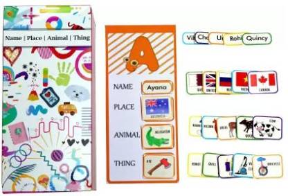 Quick A Tradiational game Name Place Animal Thing, Learn different names  alphabetically,countries flags,animals, things - Alphabet Board Size 10 cm  by 22 cm & Card Size (4 cm X 3 cm) Price