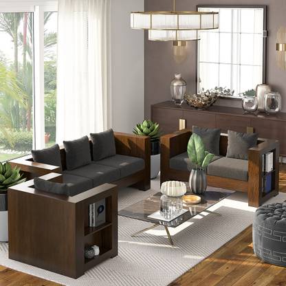Suncrown Furniture Solid Wood Fabric 6 Seater Sofa For Home Office Hotel Living Room Bedroom 3 2 1 Walnut Iron Grey Fabric 3 2 1 Iron Grey Sofa Set Price In India