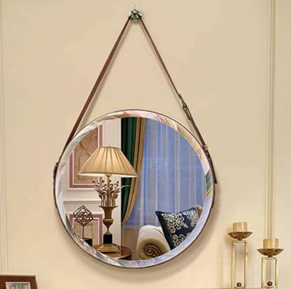 Casagold Round Wall Mounted Hanging, Round Mirror Leather Strap Gold