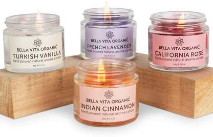 Bella vita organic Aroma Candles Pure Soy Wax 4 X 60g each, Vanilla,  Cinnamon, Lavender & Rose, Candle