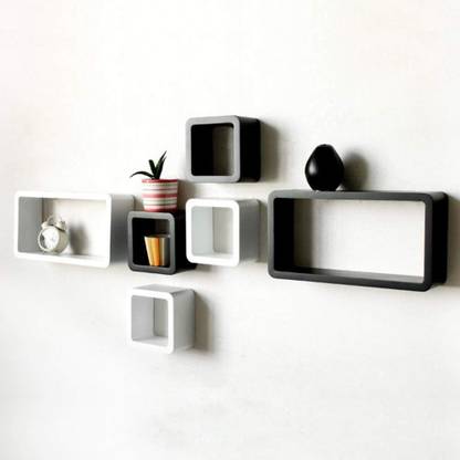 Amaze Shoppee Furniture Wooden Wall Shelves Wall Shelf For Living And Bedroom Decor Cube Shape Set Of 6 Black White Wooden Wall Shelf Price In India