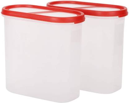 Cutting EDGE (Pack Of 2, Red) BPA-Free Air-Tight 360° Slant View Super Sturdy Stackable Container And Modular Design Clear Frosted Space Saver Dry Food Storage Containers With 2 Pouring Lids For Rice| Dal| Atta| Flour| Cereals| Pulses| Snacks| Stackable- 1800 ML (7.5 Cup/60 Oz)  - 1800 ml Plastic Utility Container