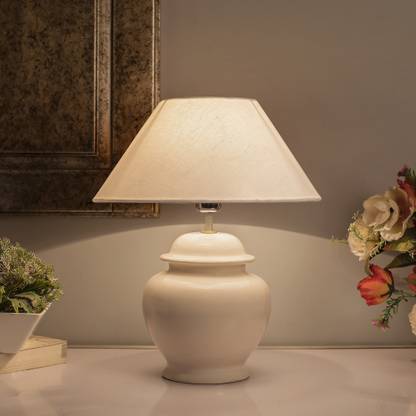 Homesake Ceramic Pot Shaped Base White Table Lamp With Cone Shade Led Bulb In India White Cone Shade Led Bulb Table Lamp, Cone Shaped Lamp Shades For Floor Lamps In India