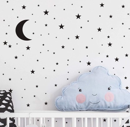 Moon and Stars Wall Decal Vinyl Sticker For Kids Boy Girls Baby Room Decoration Good Night Nursery Wall Decor Home House Bedroom Design YMX16 Black 