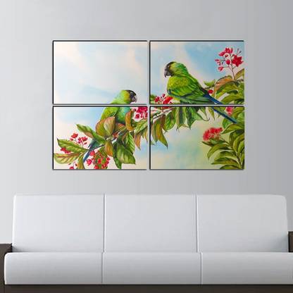 uDecore Two green color parrots sit o the branch MDF Framed Set of 4  Digital Reprint