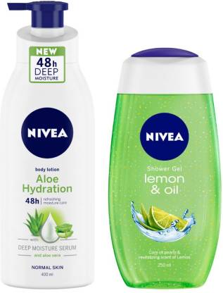 NIVEA Women Combo, Aloe Hydration with Aloe Vera, Body Lotion, 400 ml, Lemon & Oil Shower Gel, 250 ml