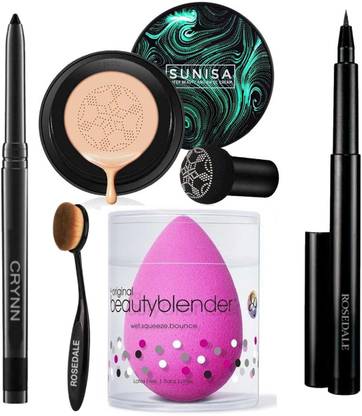 Crynn Smudge Proof Waterproof Long Lasting Kajal & Sunsa Rosedale Korean Mushroom Air Cushion CC Cream Foundation & Powdered Blender Sponge Puff & Oval Foundation Makeup Brush & Yanqina 36H Ultra Deep Black Eyeliner