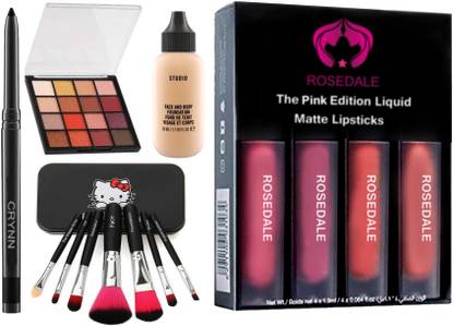 Crynn Smudge Proof Waterproof Long Lasting Kajal & Studio Professional Hilary Rhoda K-12 Eyeshadow & Fit Focus Full Coverage Foundation & Professional Set of 7 Makeup Brush & Pink Edition Liquid Matte Lipstick