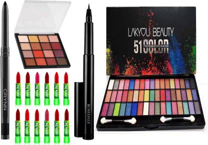 Crynn Smudge Proof Waterproof Long Lasting Kajal & Studio Professional Hilary Rhoda K-12 Eyeshadow & ADS Green Tea Extract Moisturising 12 Lipstick & Yanqina deep Black 36H Eyeliner & Studio Professional Lakyou 51 Glam Velvet Eyeshadow Palette