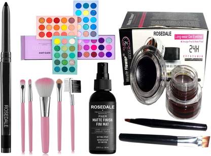 Crynn Smudge Proof Waterproof Long Lasting Rosedale Kajal & Beauty Glazed Color Board 60 Shades Eyeshadow Palette & Professional Set of 5 Makeup Brush & The Matte Fixer Face Spray & Music flower Black & Brown Gel Eyeliner