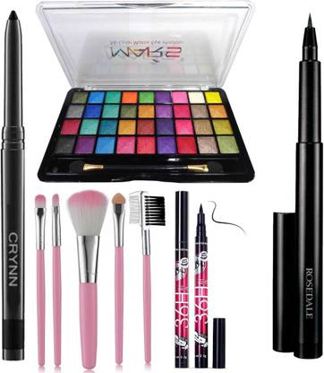 Crynn Smudge Proof Waterproof Rosedale Kajal & Professional 5in1 Makeup Brush & Mars 36 Velvet Eyeshadow Palette & Yanqina 36H Deep Black Eyeliner & False Eyelash & Ultra Black Professional Eyeliner