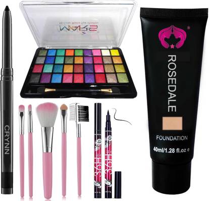 Crynn Smudge Proof Waterproof Rosedale Kajal & Professional 5in1 Makeup Brush & Mars 36 Velvet Eyeshadow Palette & Yanqina 36H Deep Black Eyeliner & False Eyelash & Studio Fit Focus Foundation