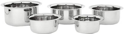 VISHAL ENTERPRISE High Quality Stainless Steel Heavy 22 Gauge Cooking & Serving tope/top/tapeli/Vessel/Round Milk Tope/bhagona/Patila/Curry 5 piece Cookware Tope set (Gas Compatible)(Size: 3100 ML, 2400 ML, 1750 ML, 1400 ML, 1100 ML) Cookware Set