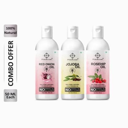 PuriFlame 100% Pure Red Onion Oil 50ML & Jojoba Oil 50ML & Rosehip Oil 50ML Combo For Rapid Hair Growth, Anti Hair Fall, Split Ends & Promotes Softer & Shinier Hair (Pack Of 3) Hair Oil