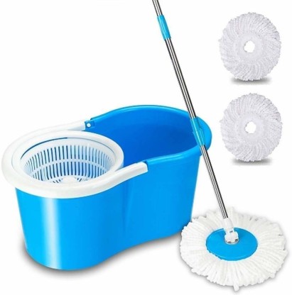 360° FLOOR MAGIC SPIN MOP BUCKET SET MICROFIBER ROTATING DRY HEADS WITH 2 HEADS BLUE 